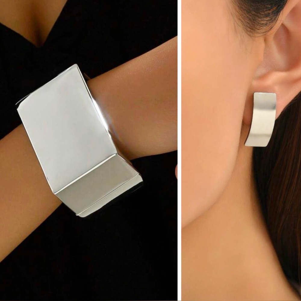 Set of Modern Bracelet and Earrings, Sleek Silver Cuff and Earrings